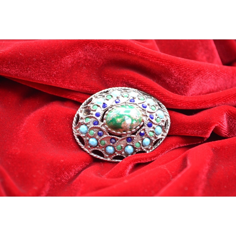 Vintage Bohemian Silver Tone Oval Brooch Green Faux Stone Blue Turquoise Bead